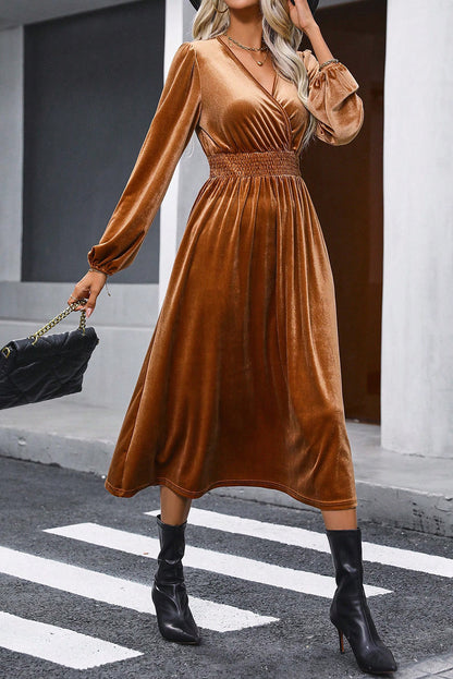 Wrap V Neck Smocked High Waist Velvet Midi Dress | Camel