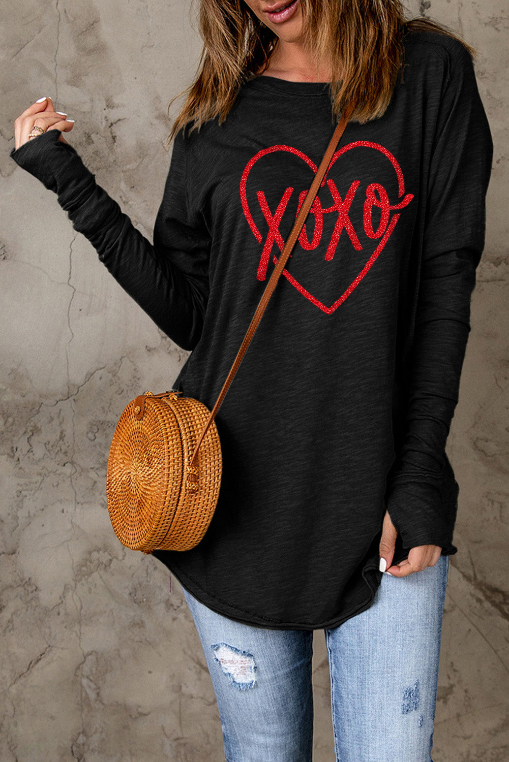 Xoxo Heart Shaped Print Long Sleeve Top | Black