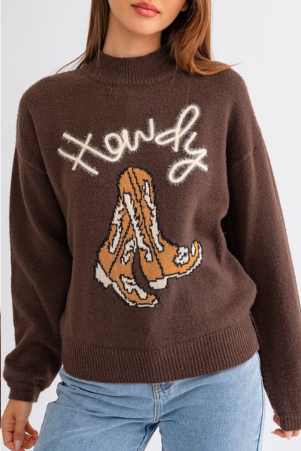 Western Howdy Boot Graphic High Neck Sweater | Coffee