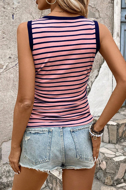 Contrast Round Neck Sleeveless Slim Top | Black Stripe