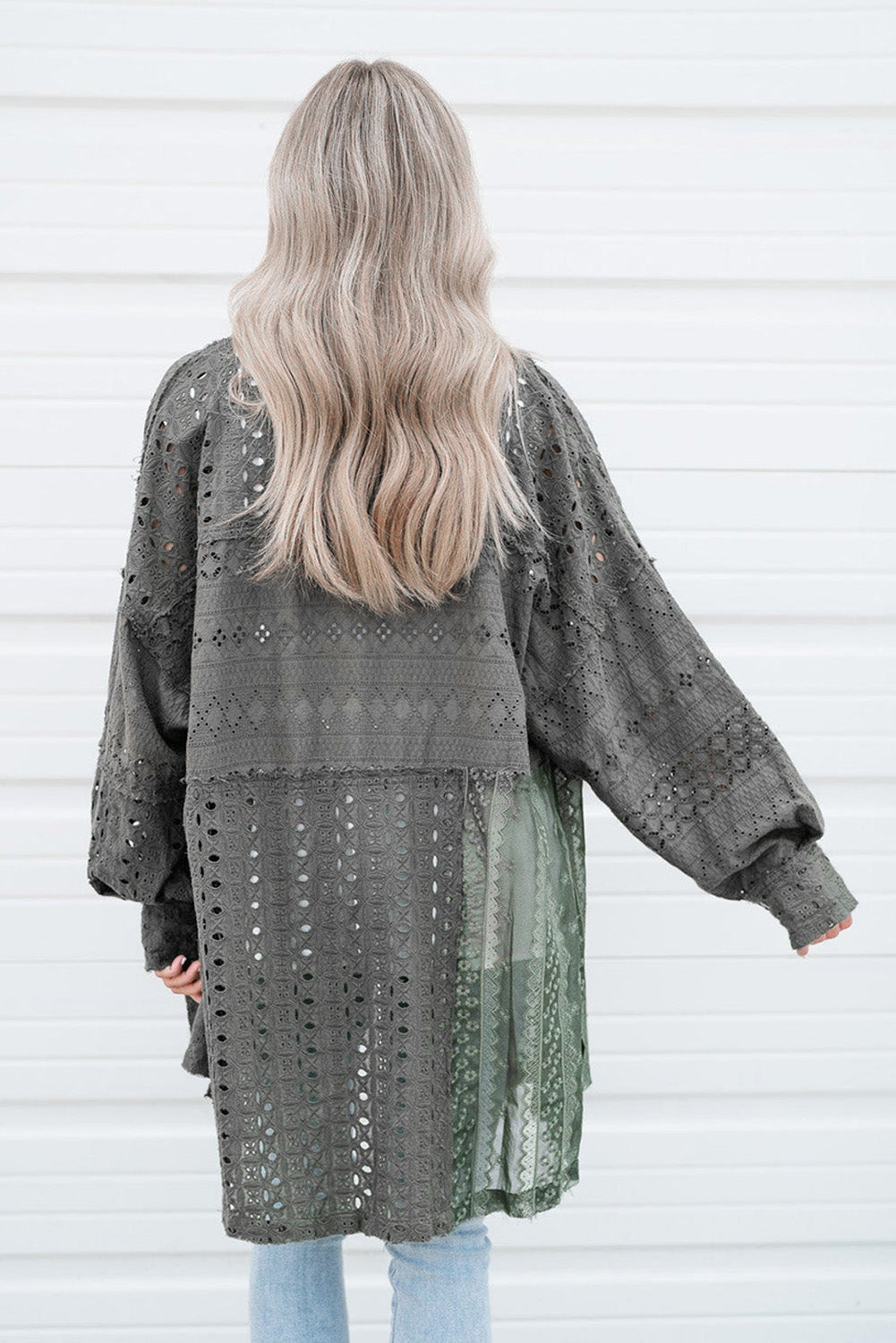 Eyelet Pattern Patchwork Oversized Button Up Shacket | Duffel Green