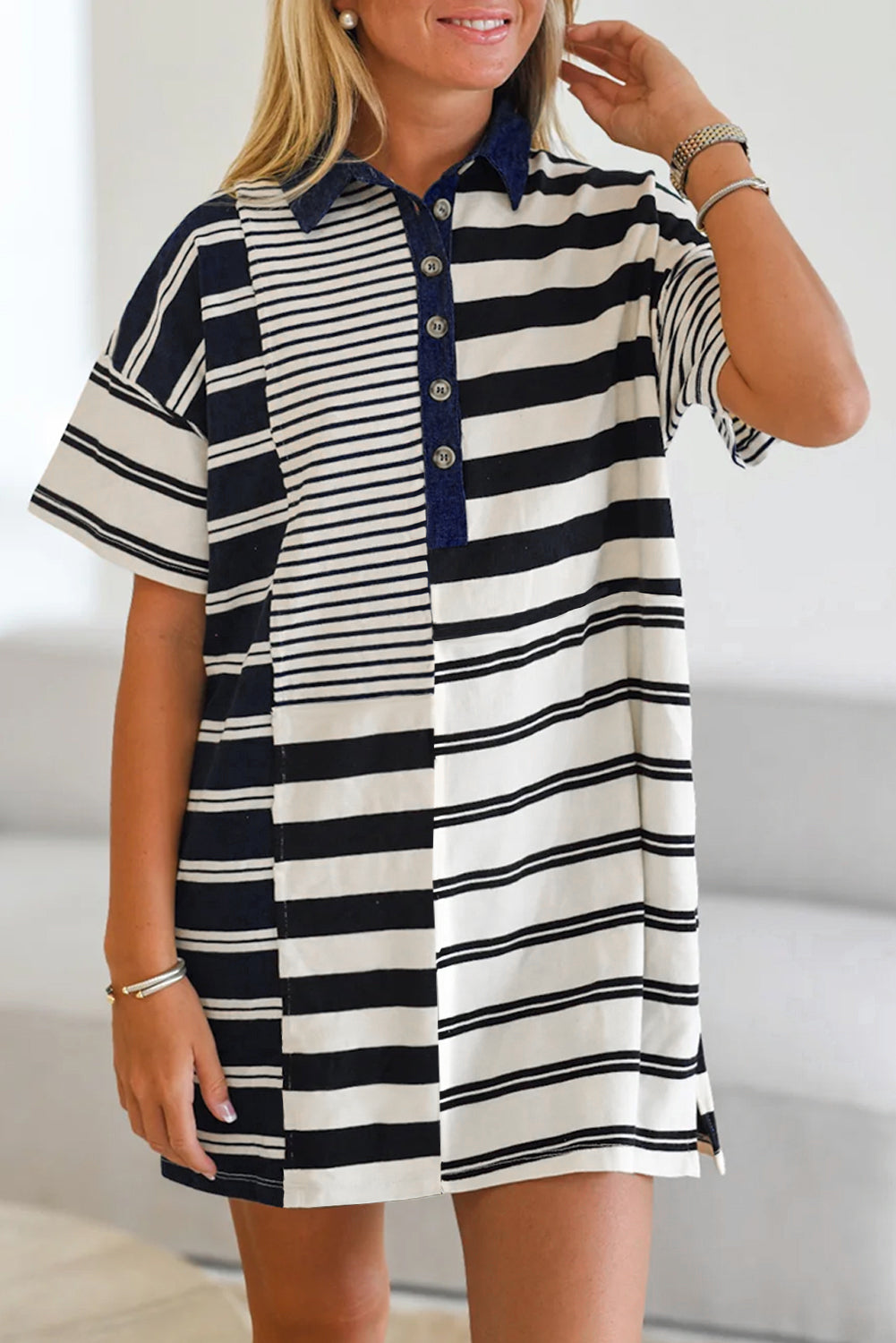 Half Placket Polo T Shirt Dress | Black Stripe