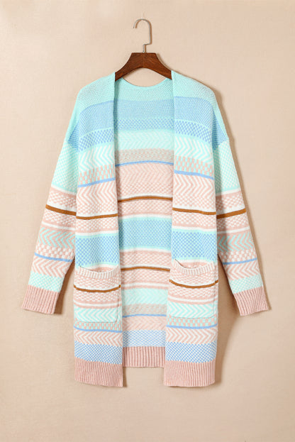 Striped Printed Knitted Open Front Cardigan | Multicolour