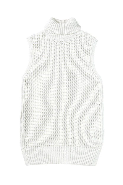 Turtleneck Knitted Slit Hem Sweater Vest | White