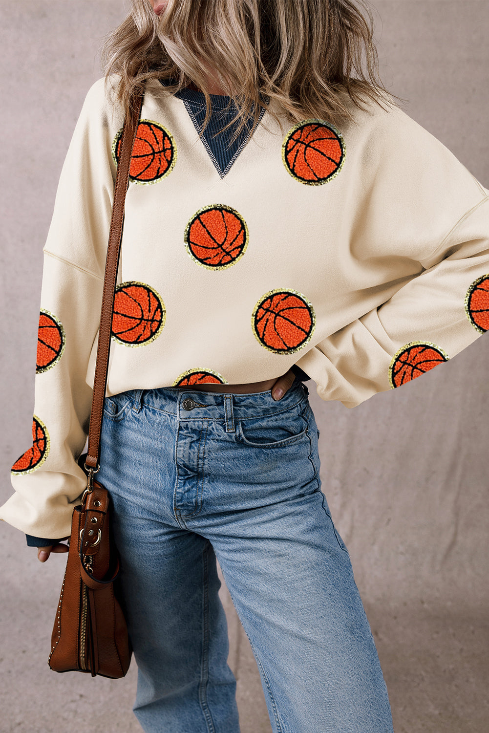 Game Day Basketball Pattern Colour Block Oversized Sweatshirt | White