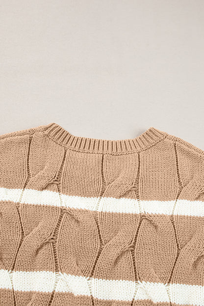 Striped Cable Short Sleeve Sweater | Dark Khaki