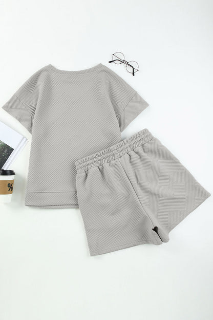 2 Piece Solid Textured Drawstring Shorts Set | Gray